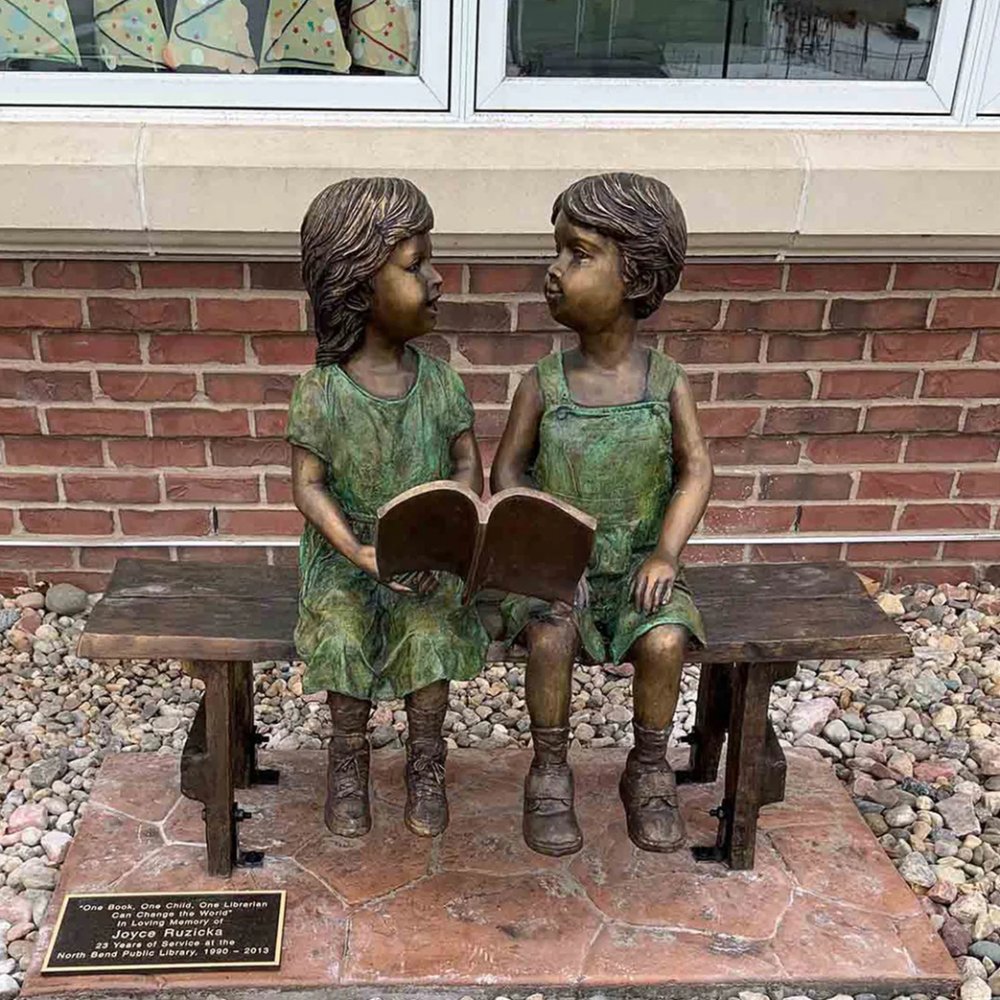 Garden Bronze Child On Bench Reading Statue For Sale