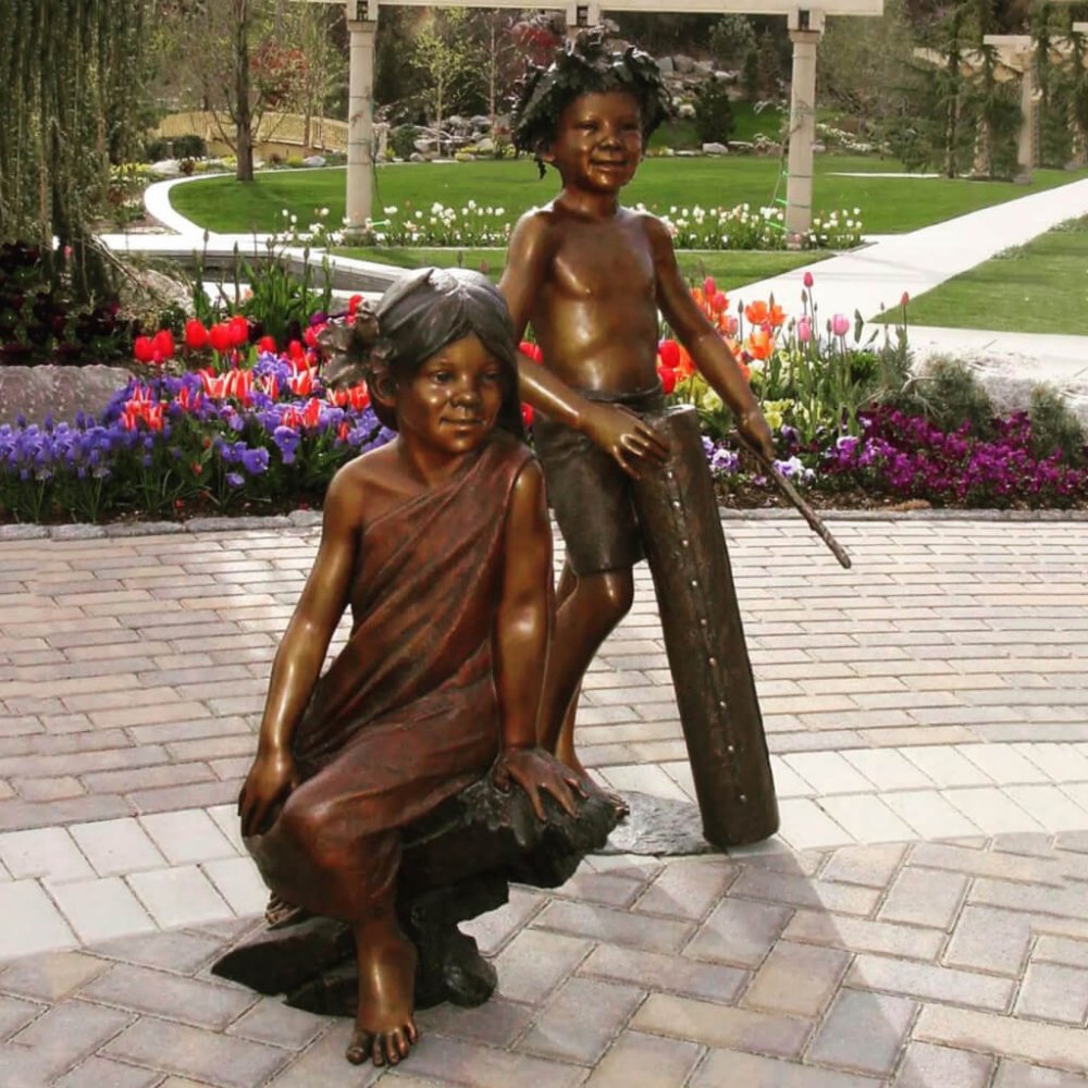 Bronze Lovely Tahitian Children Garden Sculpture For Sale